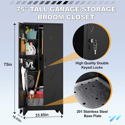 Metal Garage Storage Cabinet, 75” Cleaning Tool Cabinet with Hooks and Hanging Rods, Heavy Duty