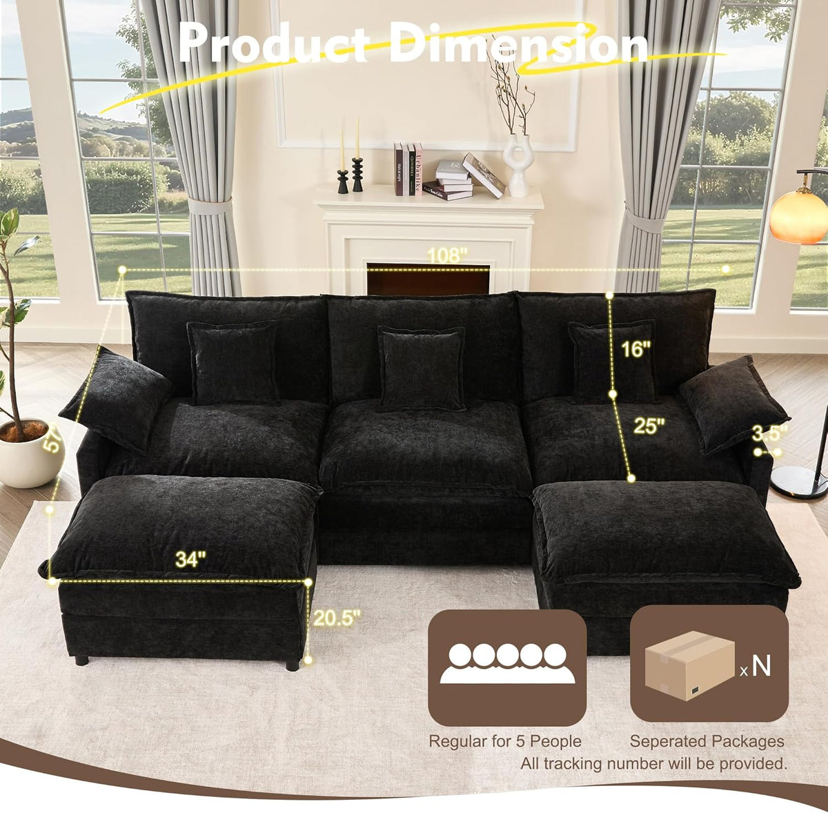 108" U Shaped Couch, Modular Sectional Sofa, 3-Seater Comfy Cloud Couch with Movable Ottoman, Deep