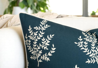 VAGMINE Embroidered Leaves Throw Pillow Cover - 20x20 Inches Square - 100% Cotton Teal Decorative