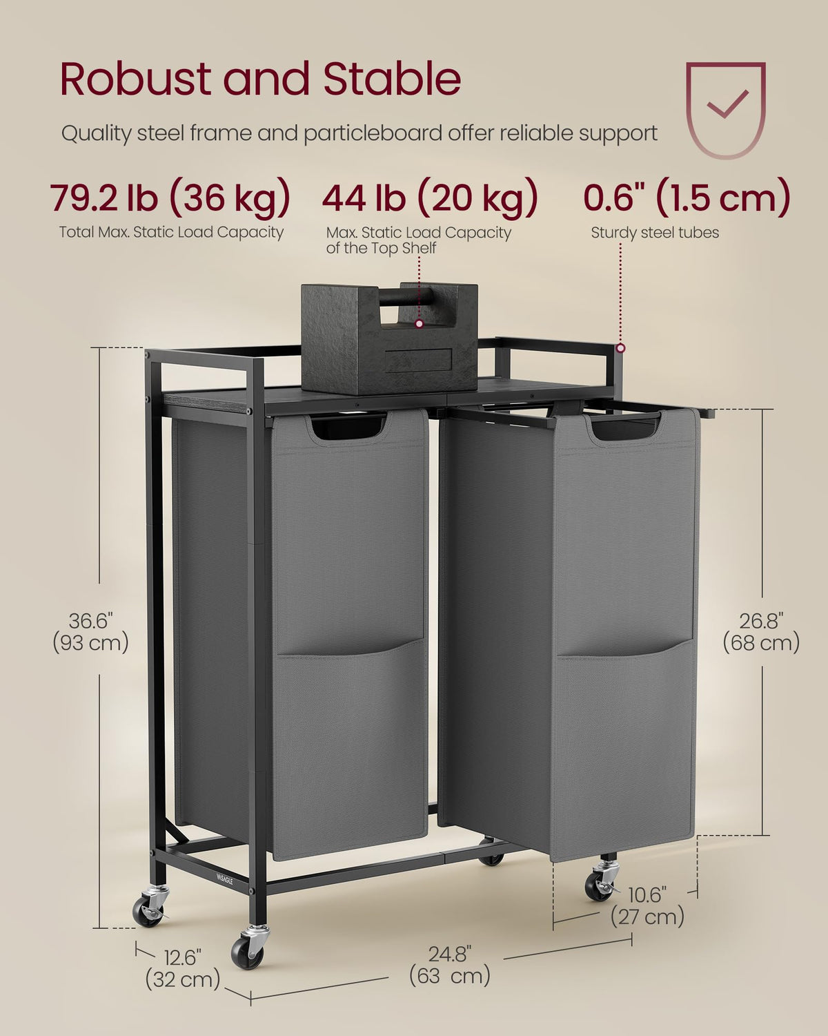 VASAGLE Laundry Sorter, 29 Gal. (110 L) Laundry Hamper Basket with 2 Compartments, Rolling Cart
