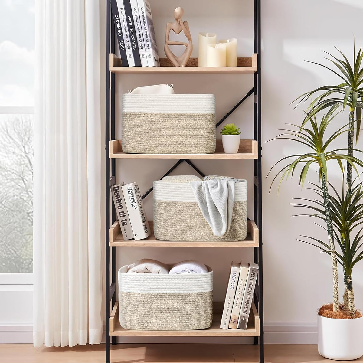 Shelf Baskets for Organizing, Woven Storage Basket for Shelves, Cotton Rope Storage Bins for Toys