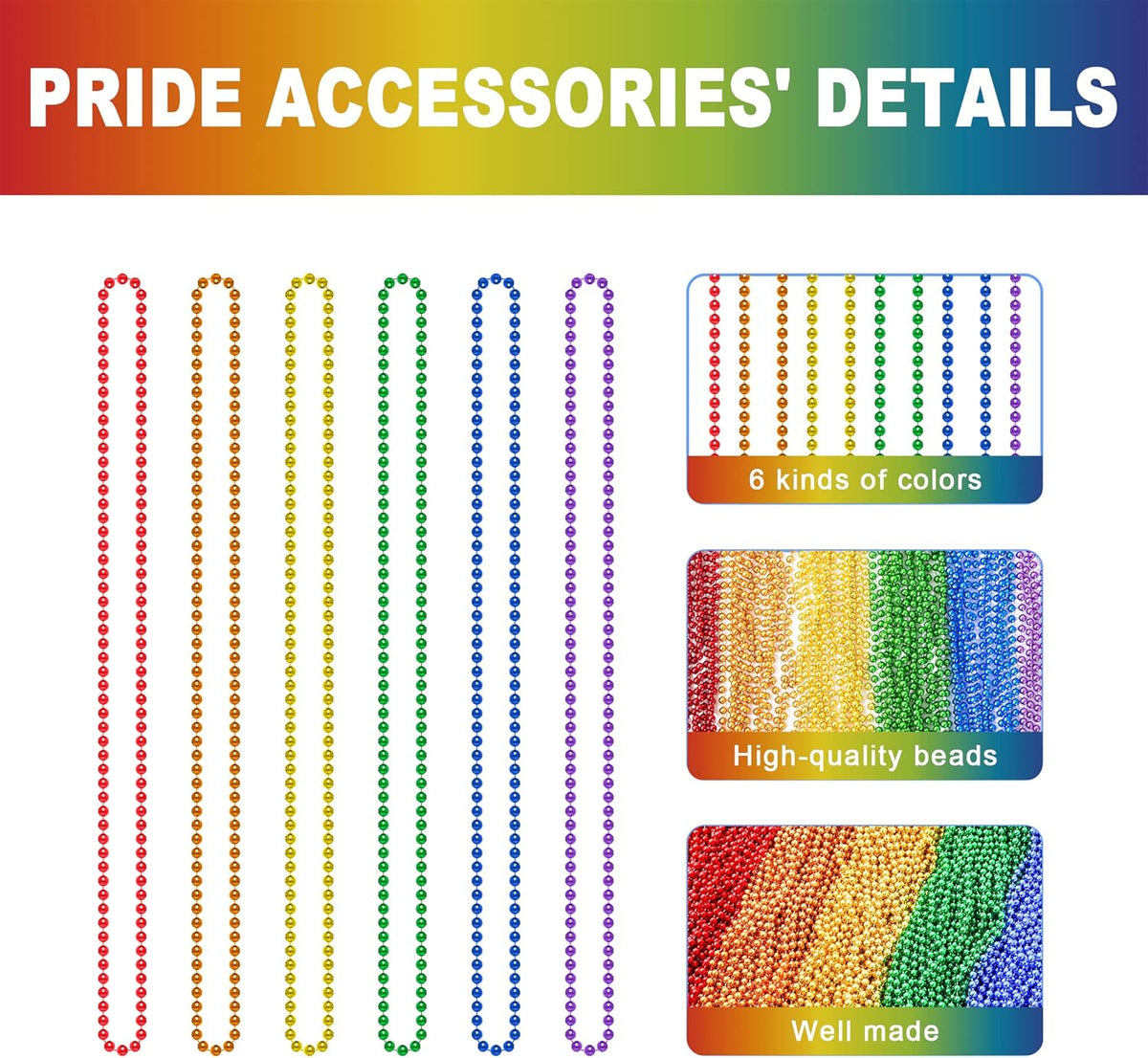 50PCS Pride Stuff, Gay Pride Beads Accessories, 6 Kinds of Metallic Rainbow Beads Necklace Bulk