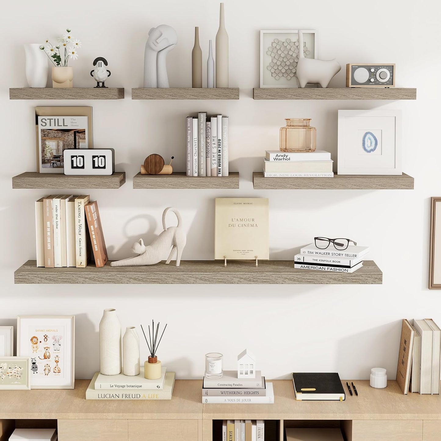 16 Inch Floating Shelves, 3D Textured Wood Grain, 16"x9.25"x1.5" Inch Deep Floating Shelves for