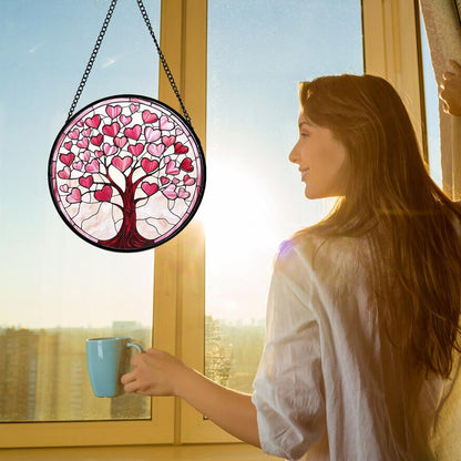 Stained Glass Window Hanging, Pink Love Heart Tree Suncatcher Hangings Beige Sun Catchers Decor for