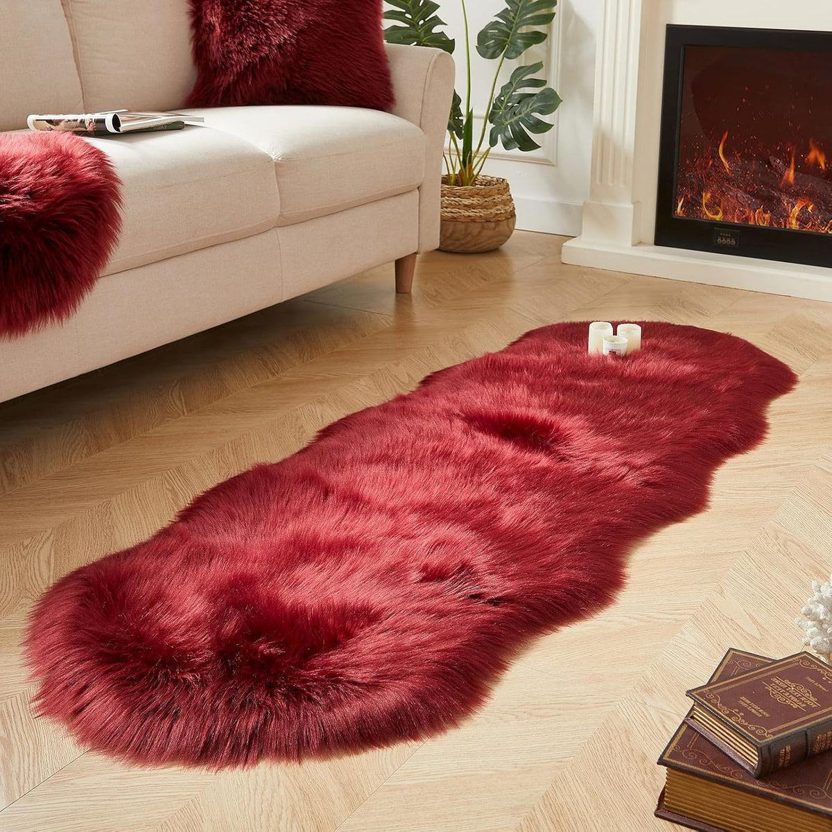 AMTOVO Faux Sheepskin Rug, Burgundy Ultra Soft Fluffy Shag Area Rug, 2 x 6 ft Faux Fur Rug for