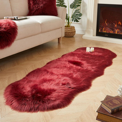 AMTOVO Faux Sheepskin Rug, Burgundy Ultra Soft Fluffy Shag Area Rug, 2 x 6 ft Faux Fur Rug for