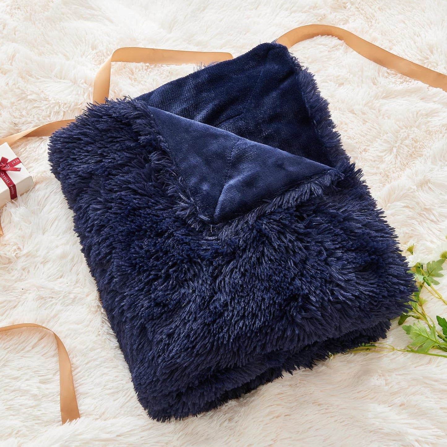GONAAP Fuzzy Faux Fur Throw Blanket Twin Size Dark Navy Super Soft Cozy Plush Fuzzy Shaggy Blanket