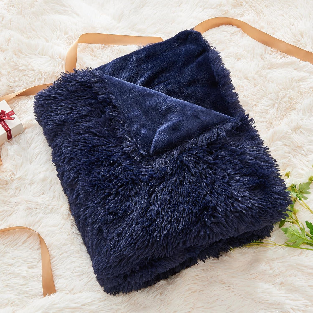 GONAAP Fuzzy Faux Fur Throw Blanket Twin Size Dark Navy Super Soft Cozy Plush Fuzzy Shaggy Blanket