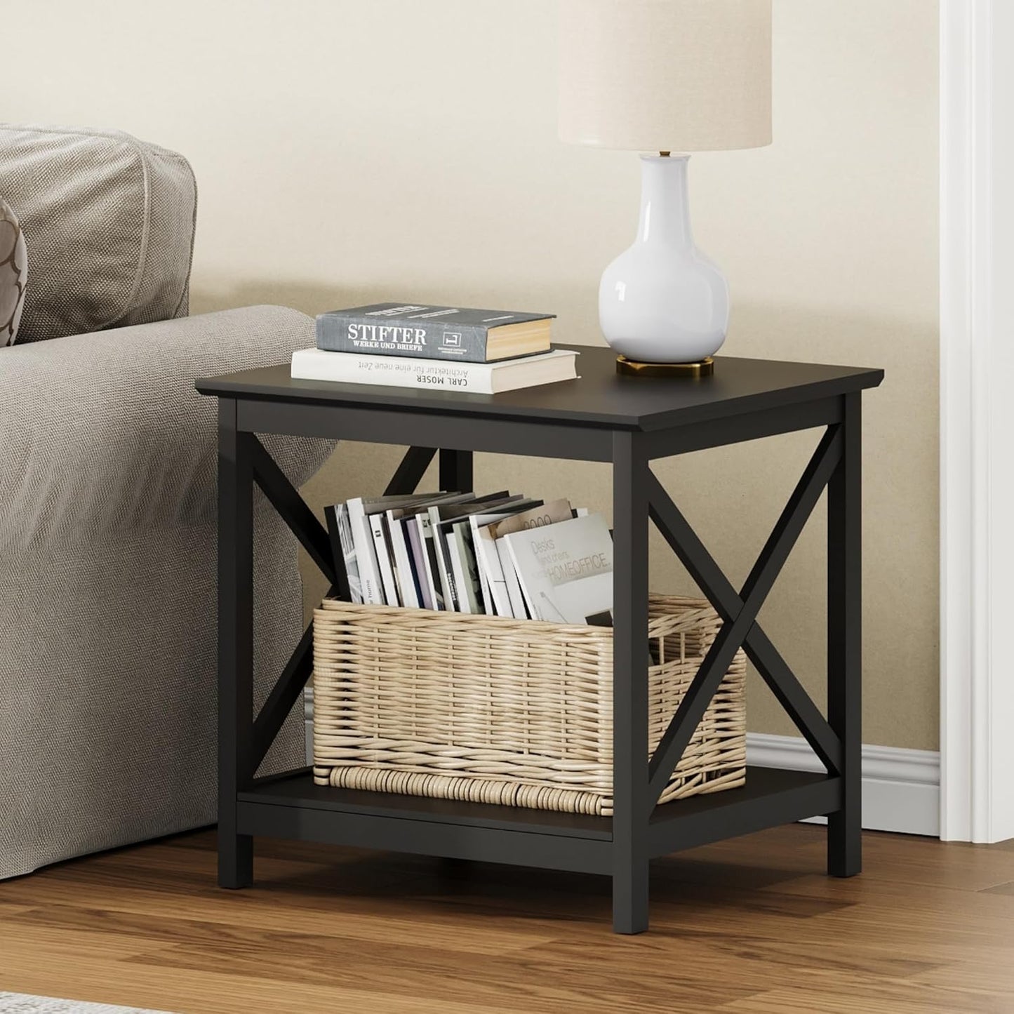 ChooChoo End Table, 24 Inch End Table with 2-Tier Storage Shelf, Side Table for Living Room, Wood