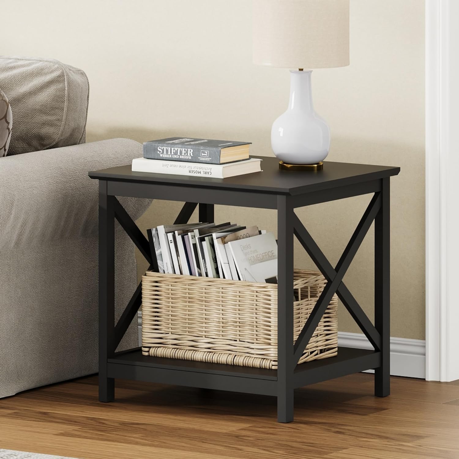 ChooChoo End Table, 24 Inch End Table with 2-Tier Storage Shelf, Side Table for Living Room, Wood