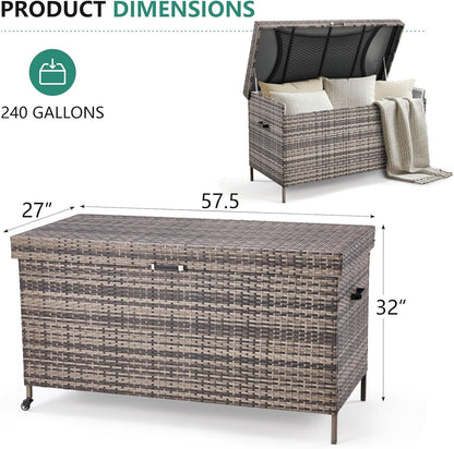 HOMREST Large Deck Box, Outdoor Wicker Storage Container with 240 Gallon, Patio Rattan Furniture