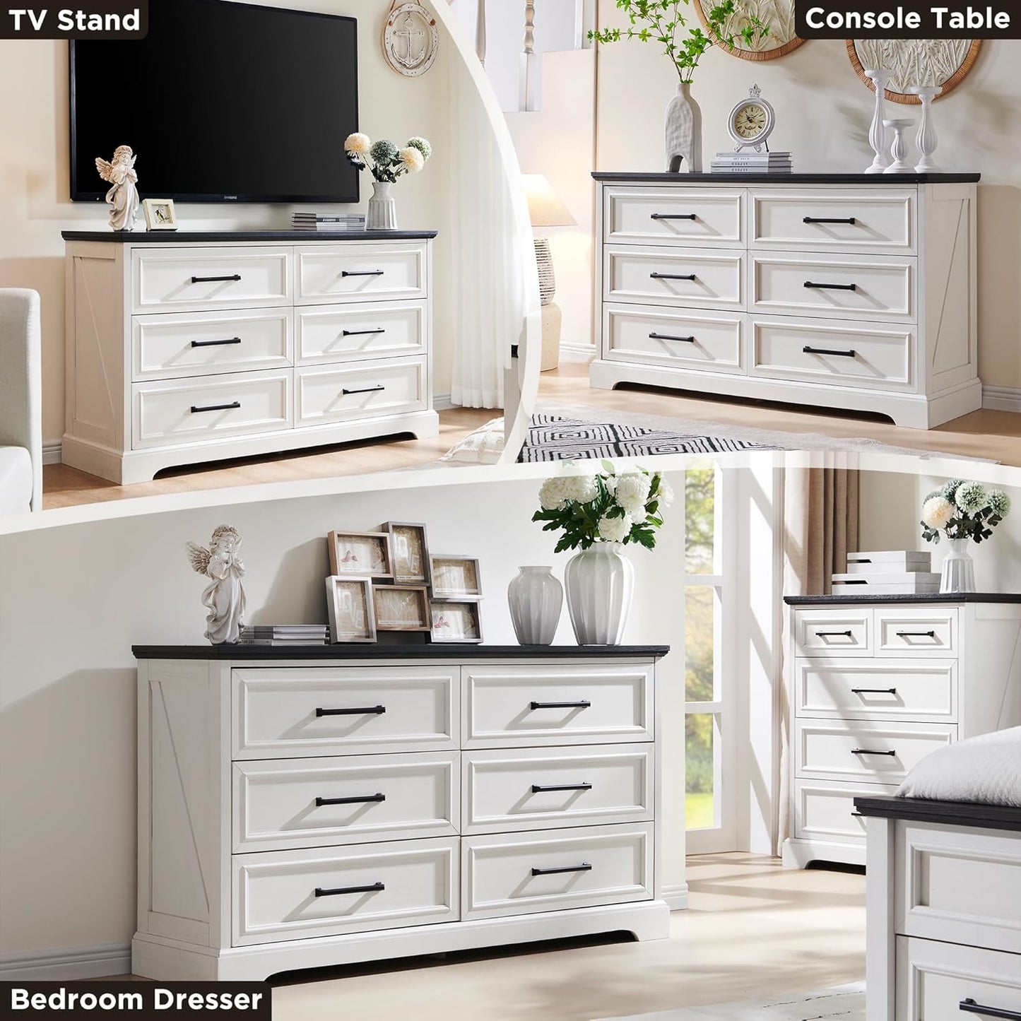 Farmhouse 6 Drawer Dresser for Bedroom, 52 Inch Wide Modern Dresser TV Stand with Large Drawers &