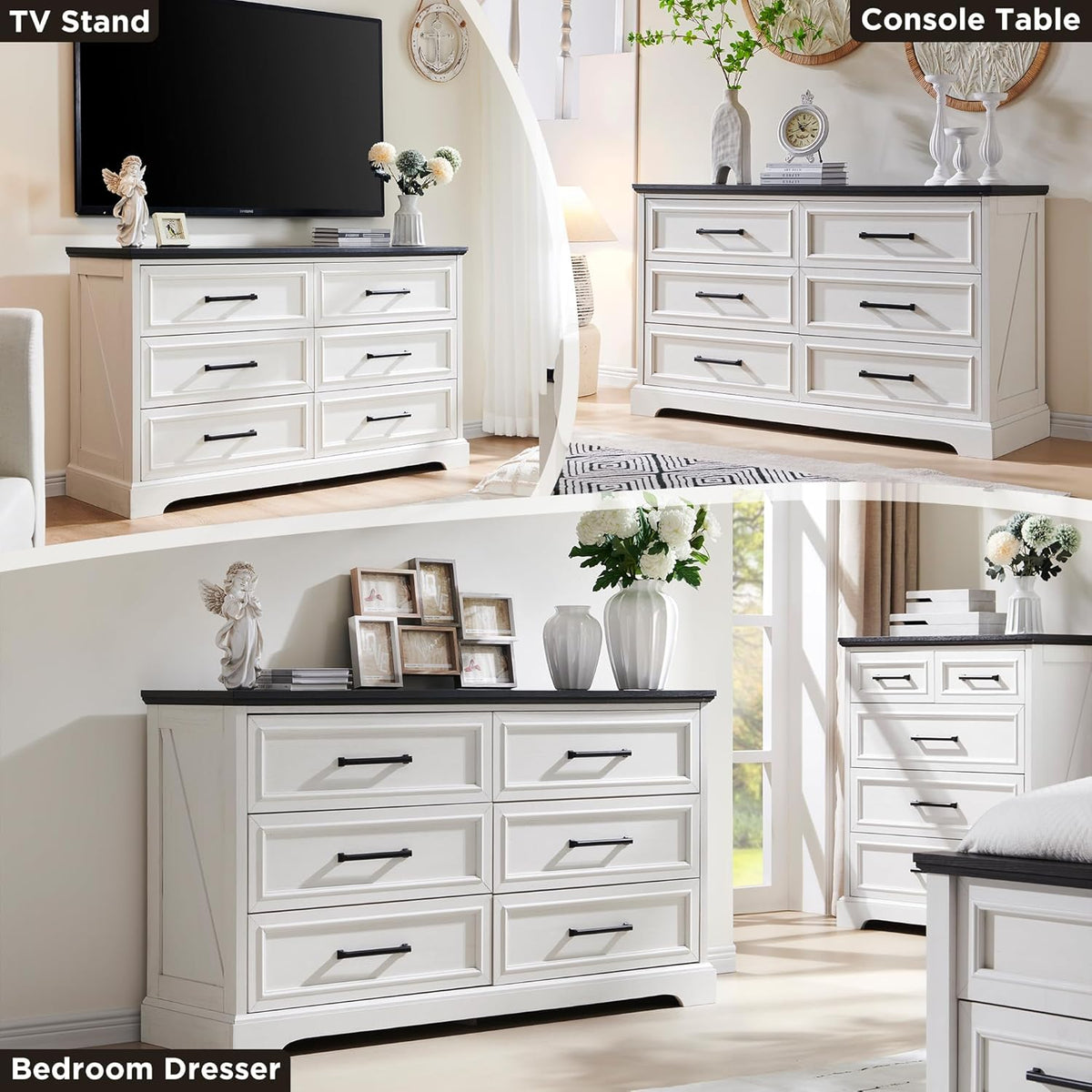 Farmhouse 6 Drawer Dresser for Bedroom, 52 Inch Wide Modern Dresser TV Stand with Large Drawers &