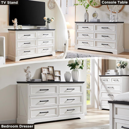 Farmhouse 6 Drawer Dresser for Bedroom, 52 Inch Wide Modern Dresser TV Stand with Large Drawers &