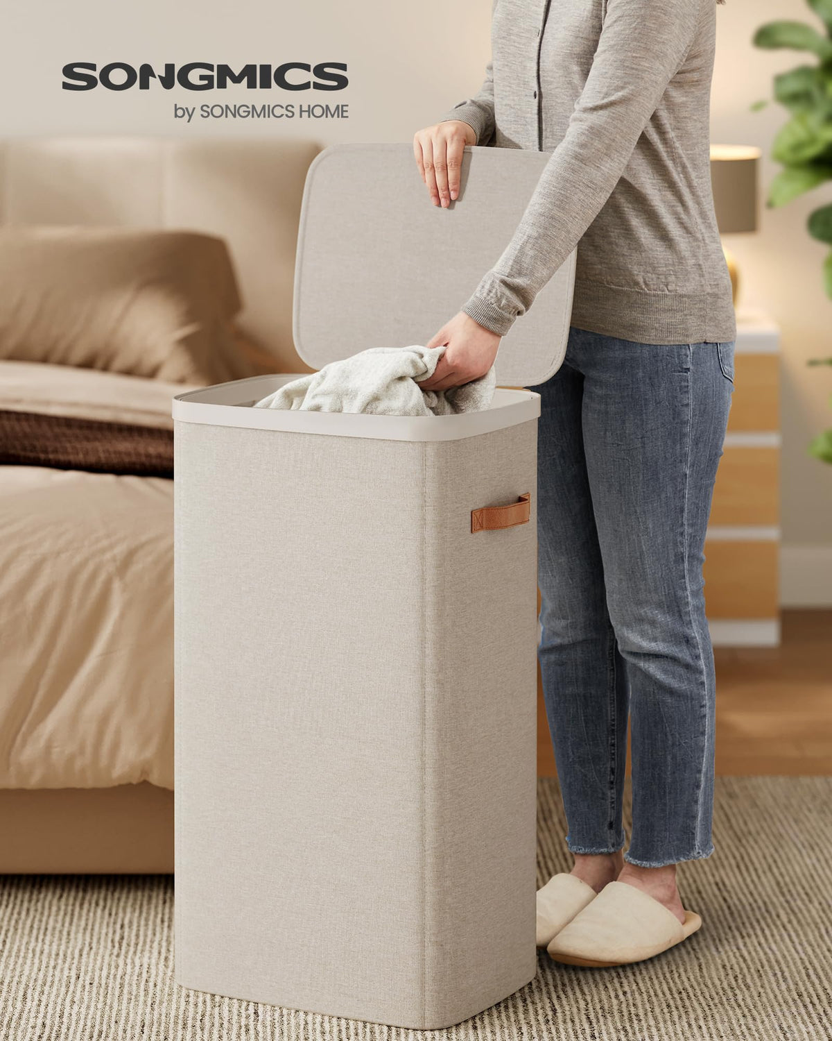 SONGMICS Laundry Basket, 26.4 Gal. Laundry Hamper, Easy Assembly, with Lid and Handles, Removable