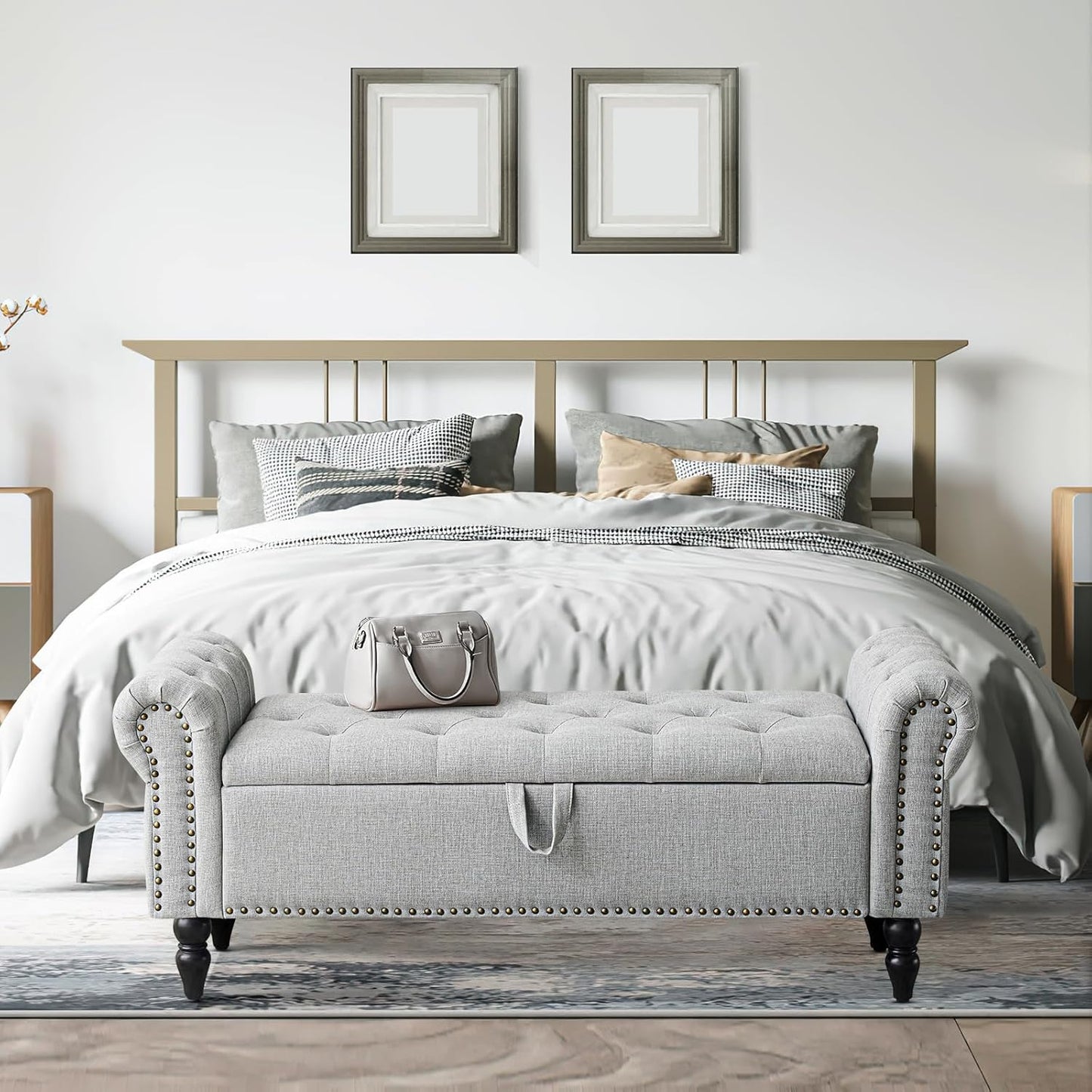 Furniliving 51” Bedroom Bench, End of Bed Bench with Button-Tufted Large Upholstered Storage Bench