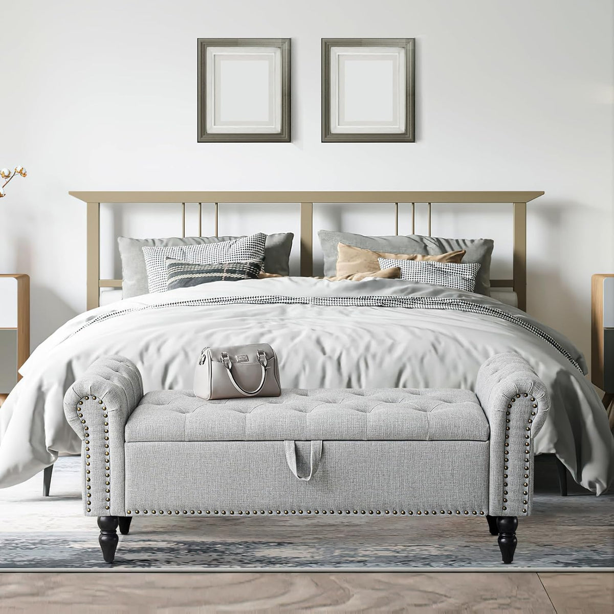 Furniliving 51” Bedroom Bench, End of Bed Bench with Button-Tufted Large Upholstered Storage Bench