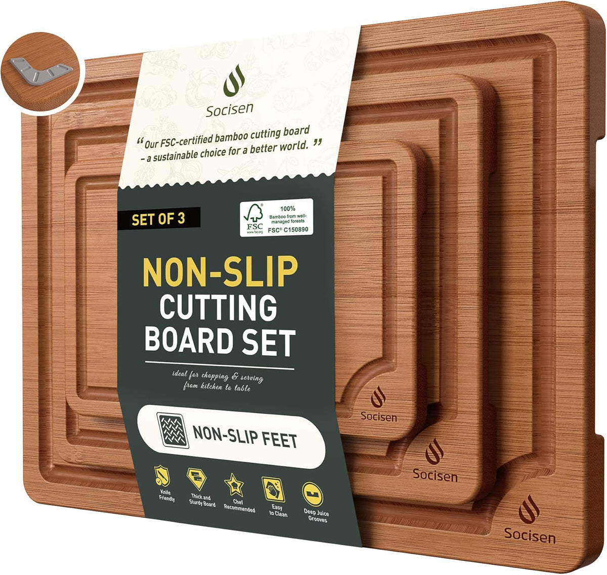 3 Packs Bamboo Cutting Board Set with Non Slip Feet and Over Sink Nice Solid Thick Wood Juice