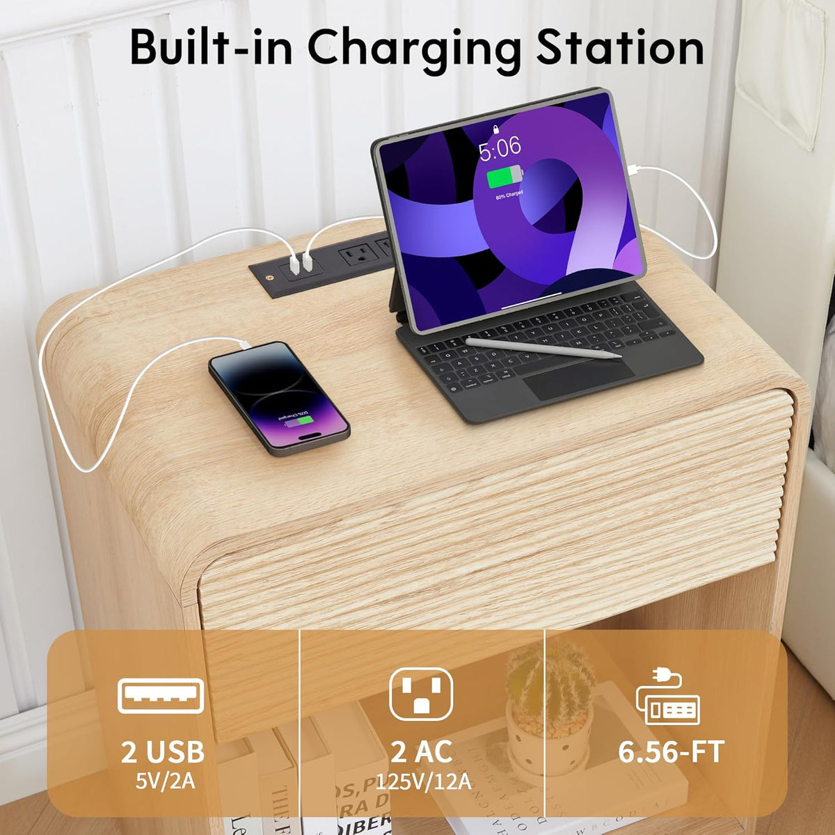 Fluted Nightstand Set of 2 with Charging Station, Modern Bed Side Table End Table with Drawer