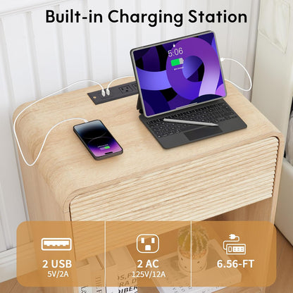 Fluted Nightstand Set of 2 with Charging Station, Modern Bed Side Table End Table with Drawer