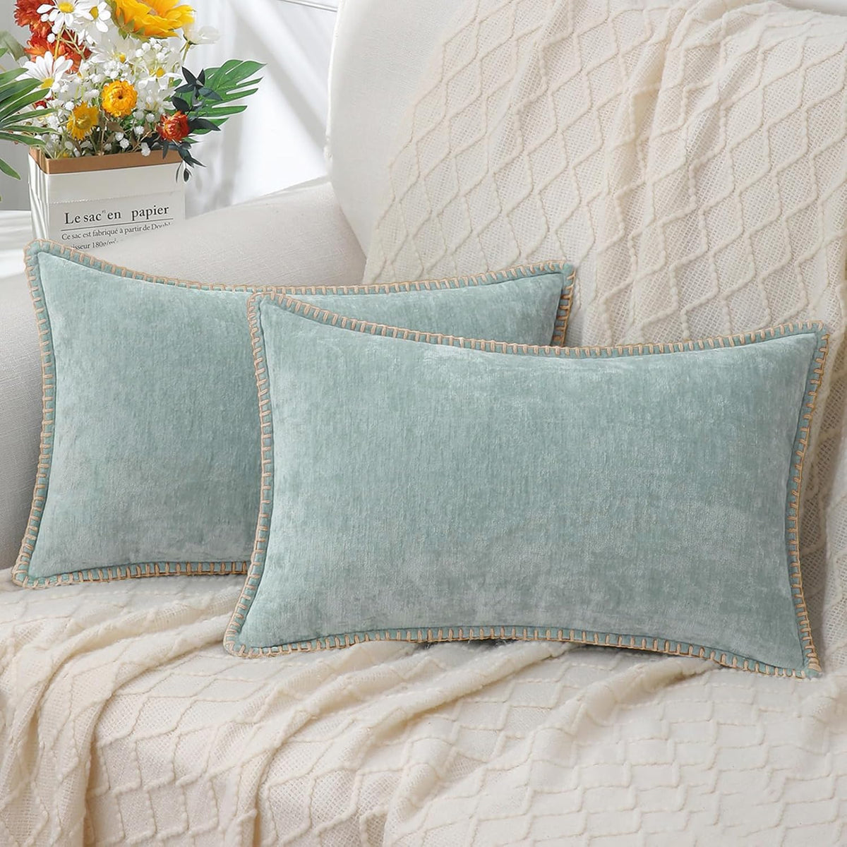 decorUhome Chenille Soft Throw Pillow Covers 12x20 Set of 2, Lumbar Velvet Farmhouse Neutral