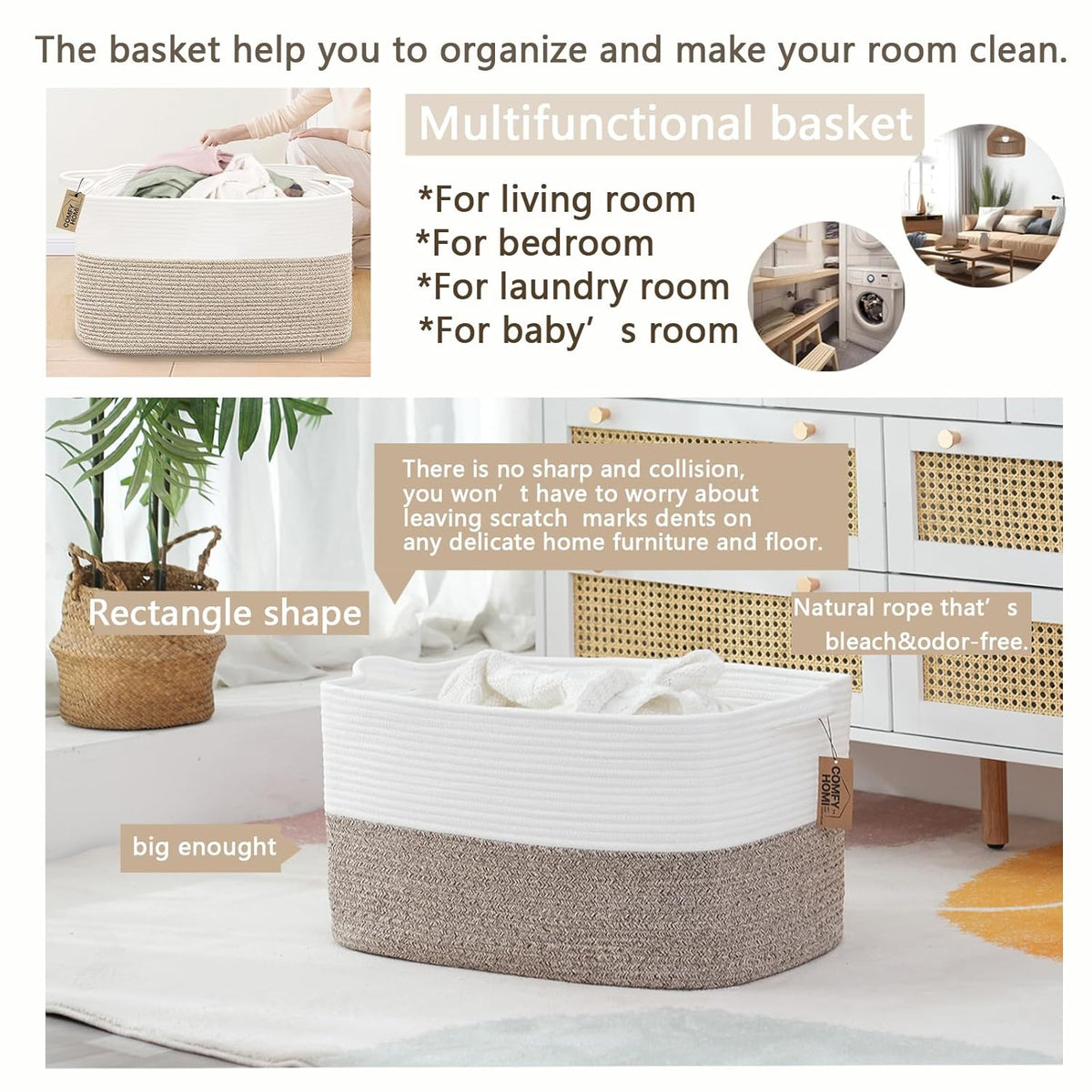COMFY-HOMI Large Laundry for Organizing|Rectangle Cotton Rope Storage with Handles|Blanket for