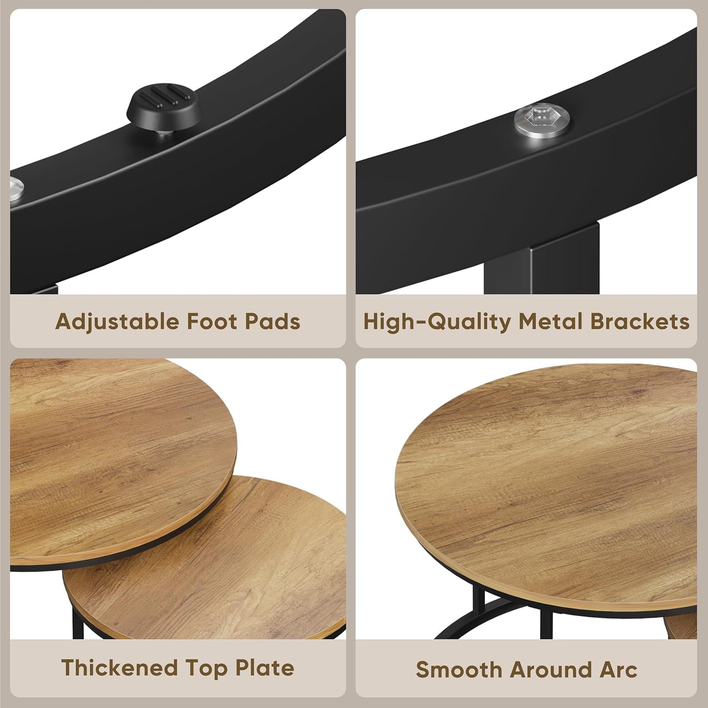 Smuxee Nesting Coffee Table Set of 2, 27.6" Round Coffee Table Wood Grain Top with Adjustable