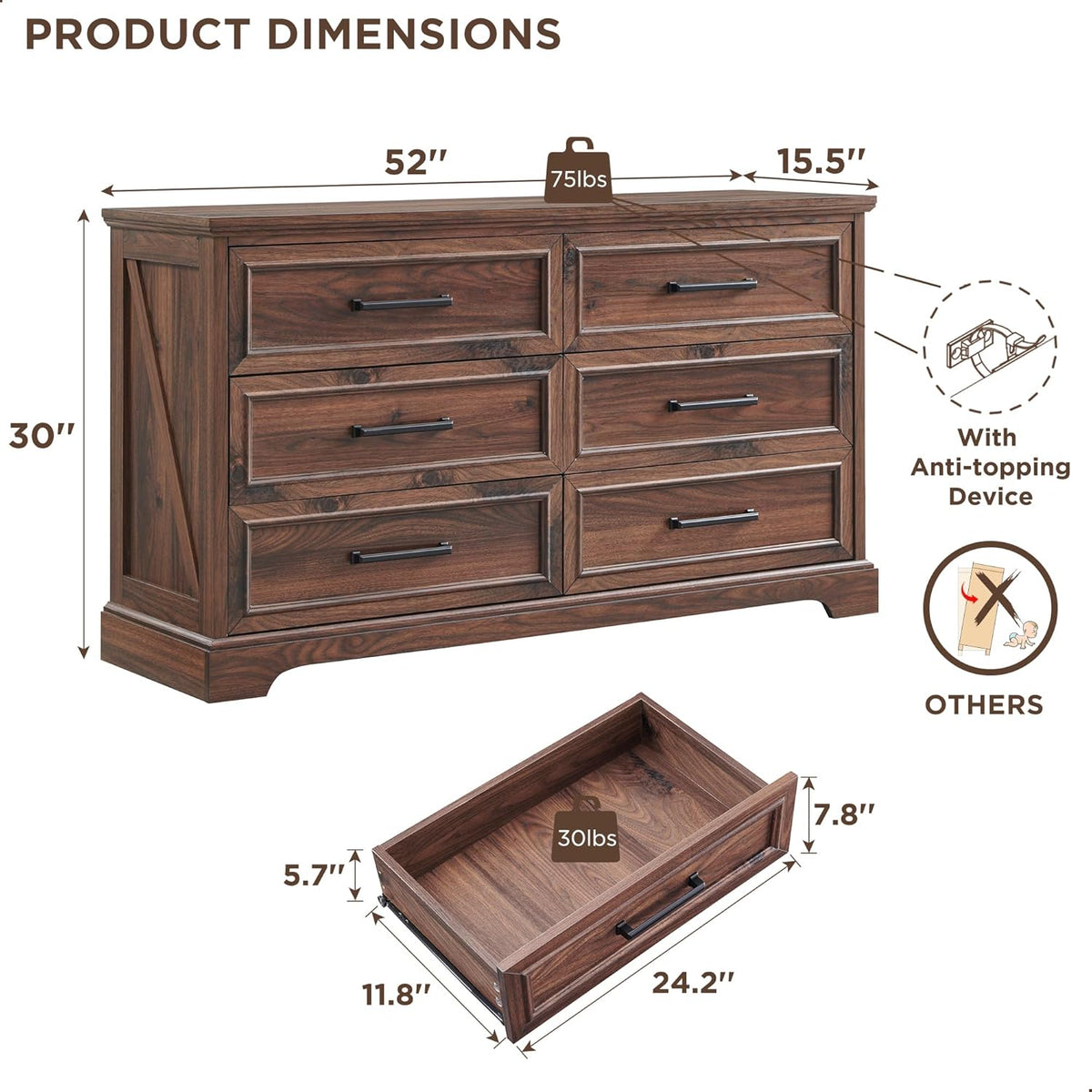 Farmhouse 6 Drawer Dresser for Bedroom, 52 Inch Wide Modern Dresser TV Stand with Large Drawers &