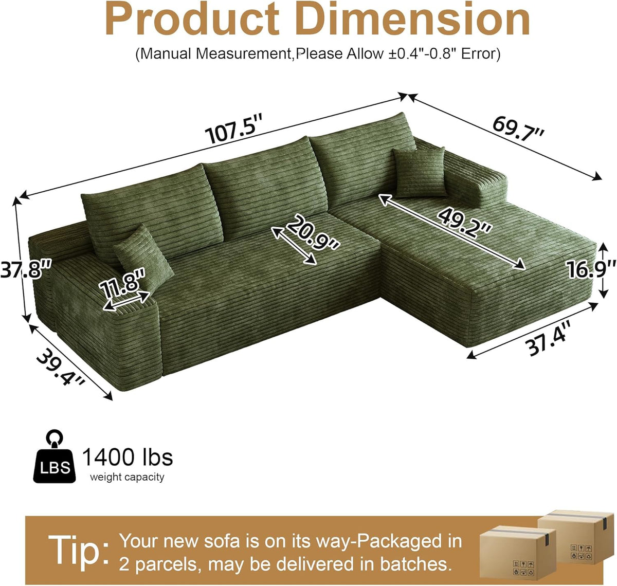 108" Sectional Couches for Living Room Modern Modular Sofa with L-Shape Couchs Upholstered Boneless