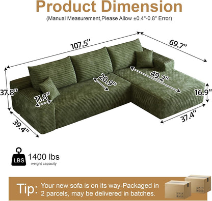 108" Sectional Couches for Living Room Modern Modular Sofa with L-Shape Couchs Upholstered Boneless