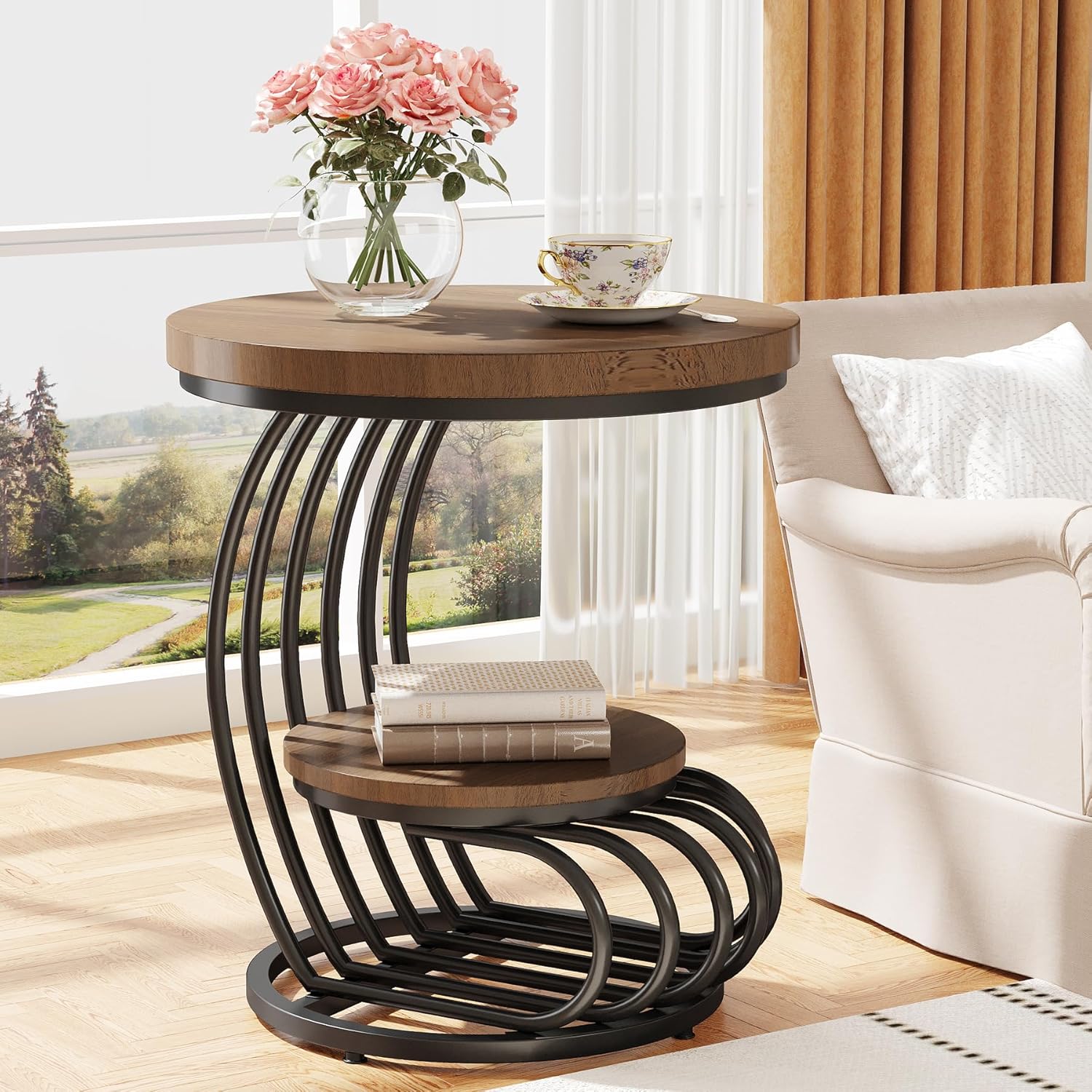 Tribesigns Round End Side Table: Side Table with 2 Tiers Storage Shelves, Vintage End Table for