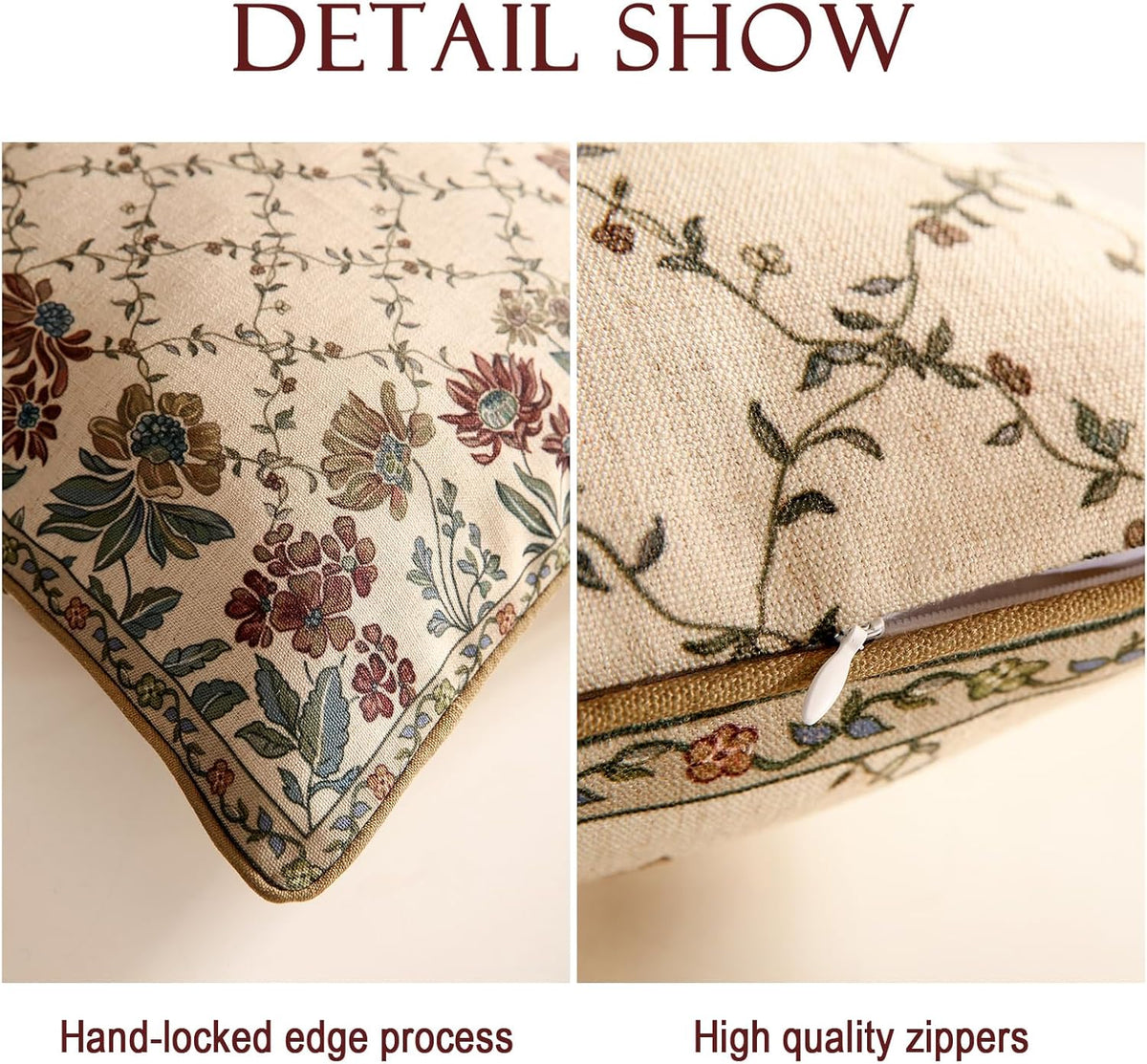 patdrea Designer Throw Pillow Covers Set of 4,Euro Vintage Light Brown Linen with Floral Collection