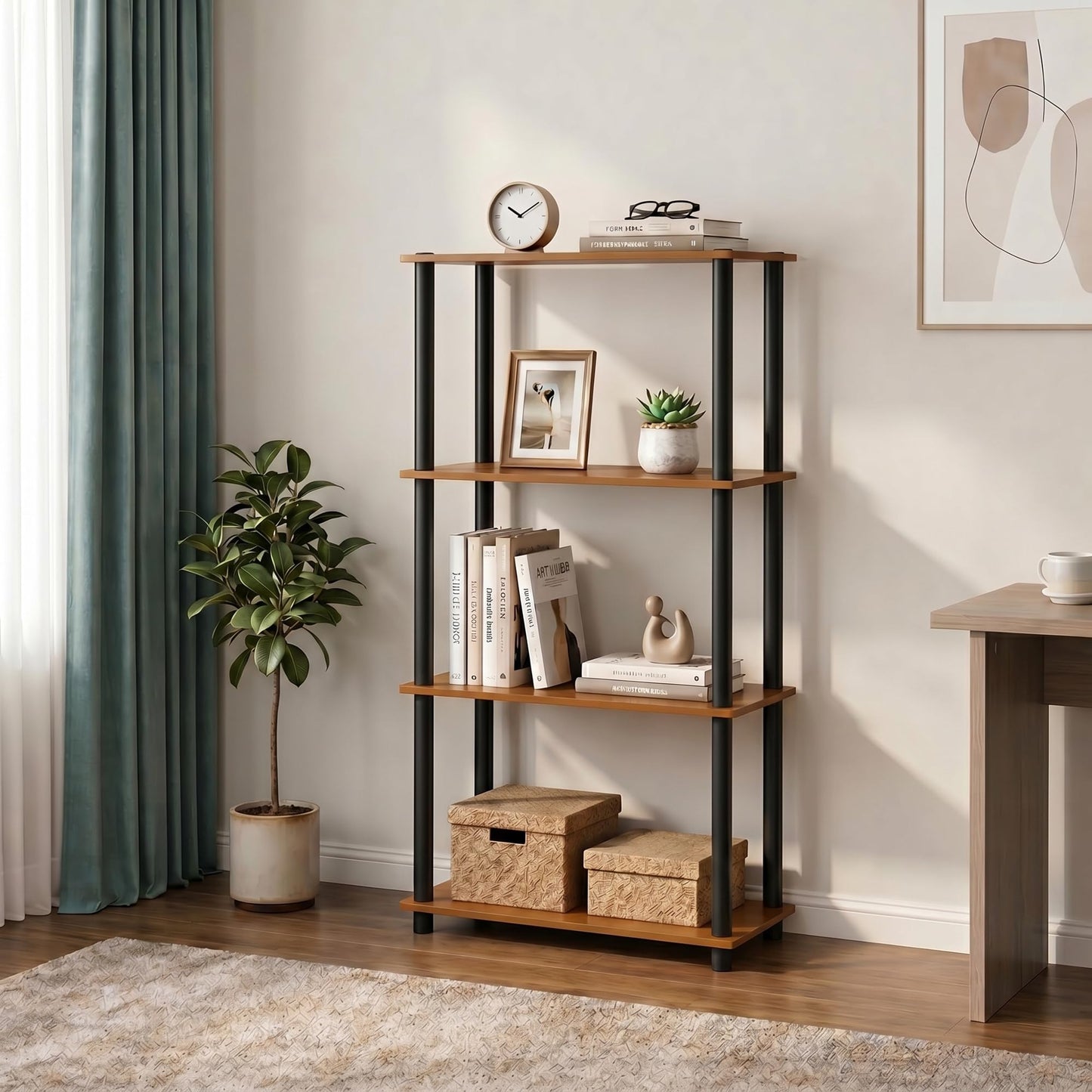 Furinno Turn-N-Tube Storage Shelves, 4-Tier Book Shelf, Corner Shelf, Toolless Open Shelves, for