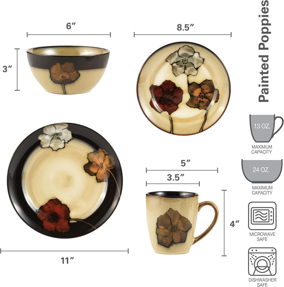 Pfaltzgraff Painted Poppies 16-Piece Dinnerware Set, Service for 4, Colorful Floral Stoneware
