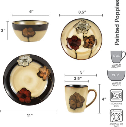 Pfaltzgraff Painted Poppies 16-Piece Dinnerware Set, Service for 4, Colorful Floral Stoneware