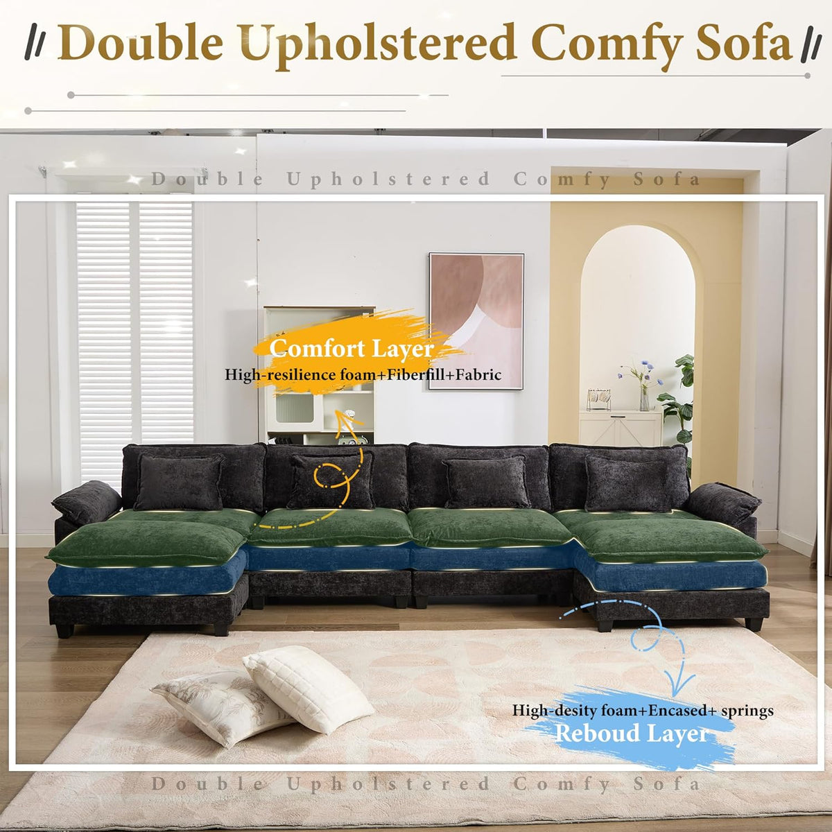 URRED Modular Sectional Sofa Comfy Cloud Couch, Modern Chenille Sofa Sleeper Deep Seat Couches with