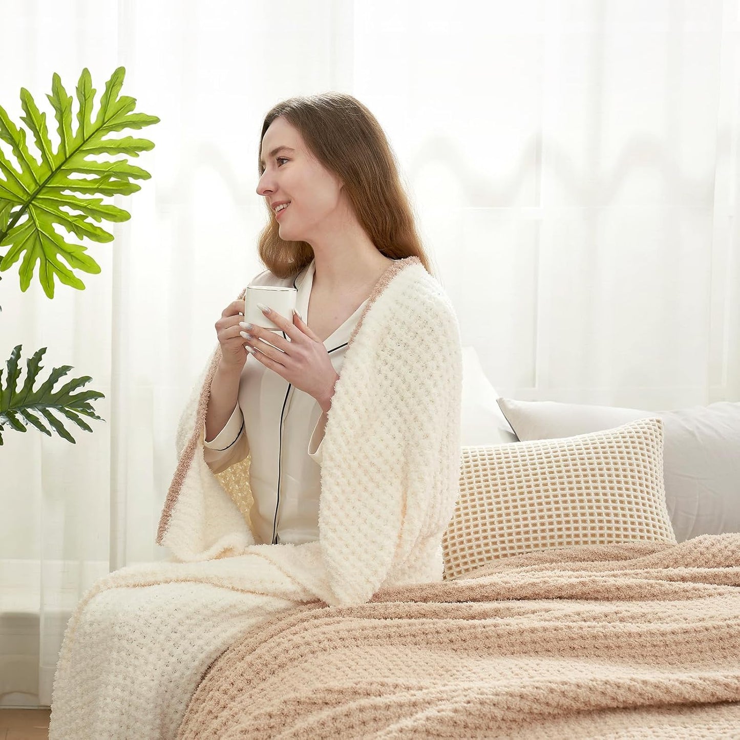 Snuggle Sac Cream Waffle Throw Blanket for Couch Bed Sofa 60x80 inches, Reversible Cream Blanket