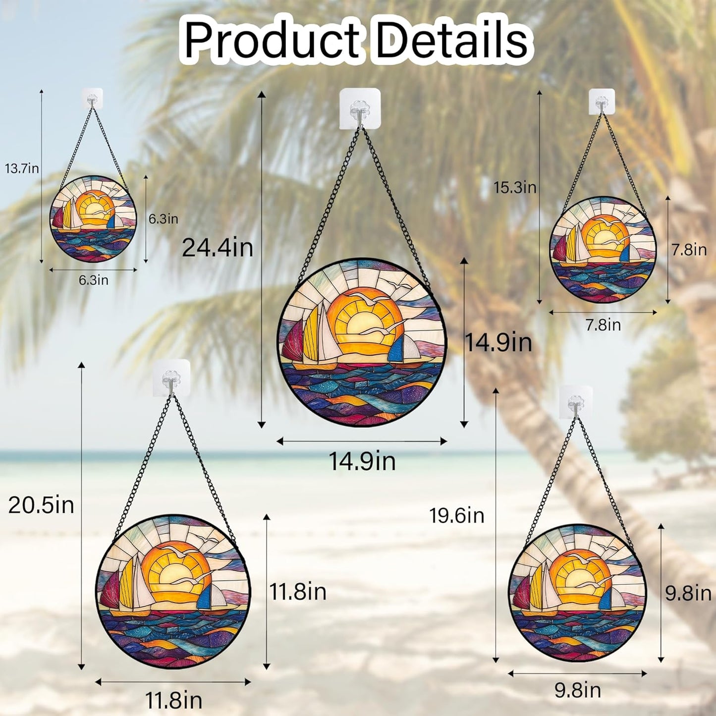 Stained Glass Window Hanging, Sailboat and Waves Suncatcher Diamond Glass Panel Hangings Sun
