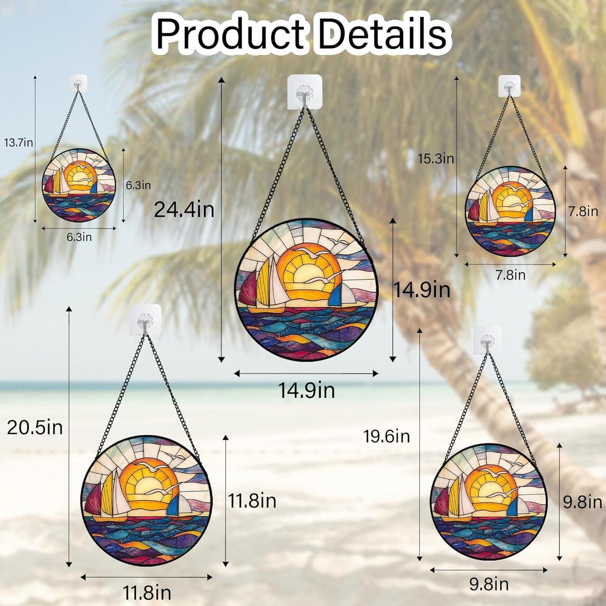 Stained Glass Window Hanging, Sailboat and Waves Suncatcher Diamond Glass Panel Hangings Sun