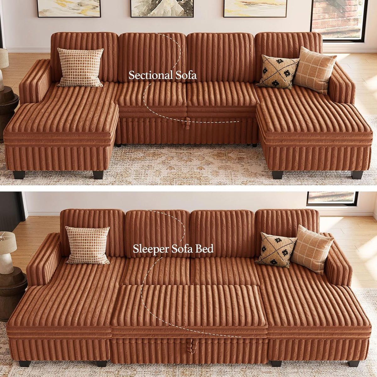 Belffin Modular Sectional Sleeper Sofa with Pull Out Couch Bed Corduroy Double Chaise with Storage