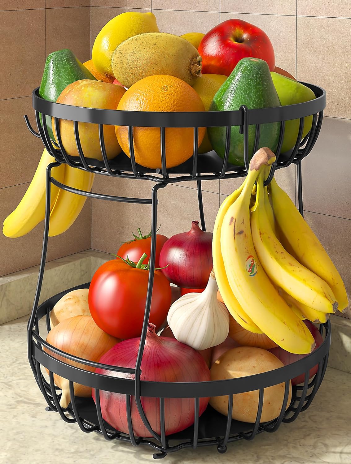 2 Tier Fruit Basket for Kitchen Counter with 2 Banana Hangers, 2025 Pro Detachable Metal Fruit Bowl