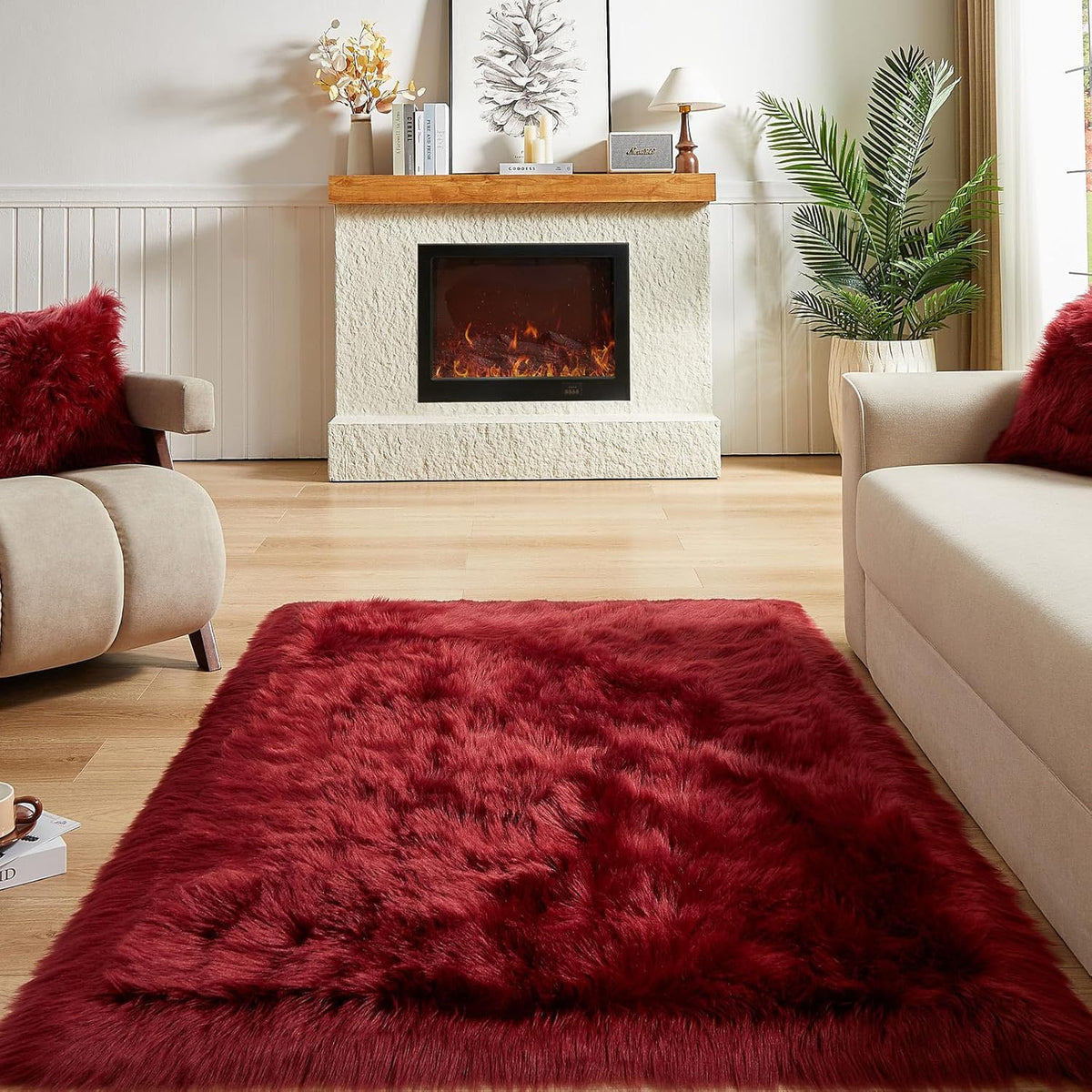 AMTOVO Faux Fur Sheepskin Rug for Living Room, 4 x 6 ft Burgundy Fluffy Area Rug for Bedroom