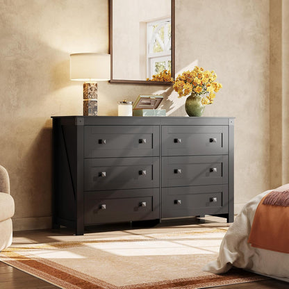 WLIVE Farmhouse Black Dresser for Bedroom, 53.07'' Wide 6 Drawer Wood Dresser, Chest of Drawers