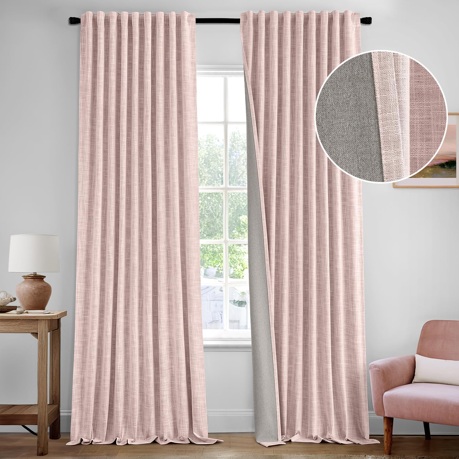 MIULEE Baby Pink 100% Blackout Linen Curtain 120 Inch 2 Panel Set Double Sided No Coating Pinch