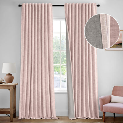 MIULEE Baby Pink 100% Blackout Linen Curtain 120 Inch 2 Panel Set Double Sided No Coating Pinch