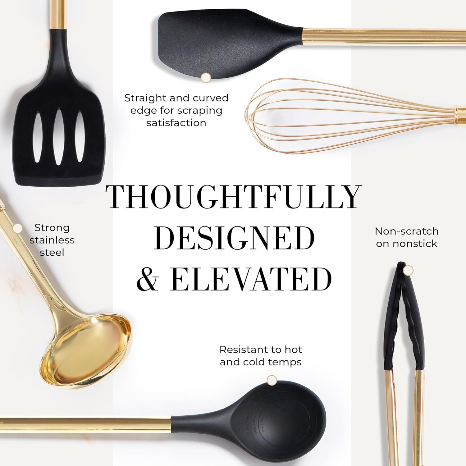 Styled Settings Black and Gold Cooking Utensils Set - 7-Piece Silicone Utensils Set Include Spatula