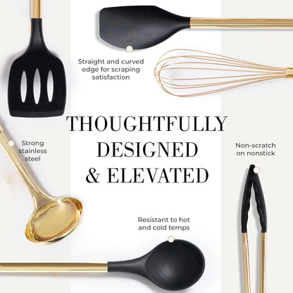 Styled Settings Black and Gold Cooking Utensils Set - 7-Piece Silicone Utensils Set Include Spatula