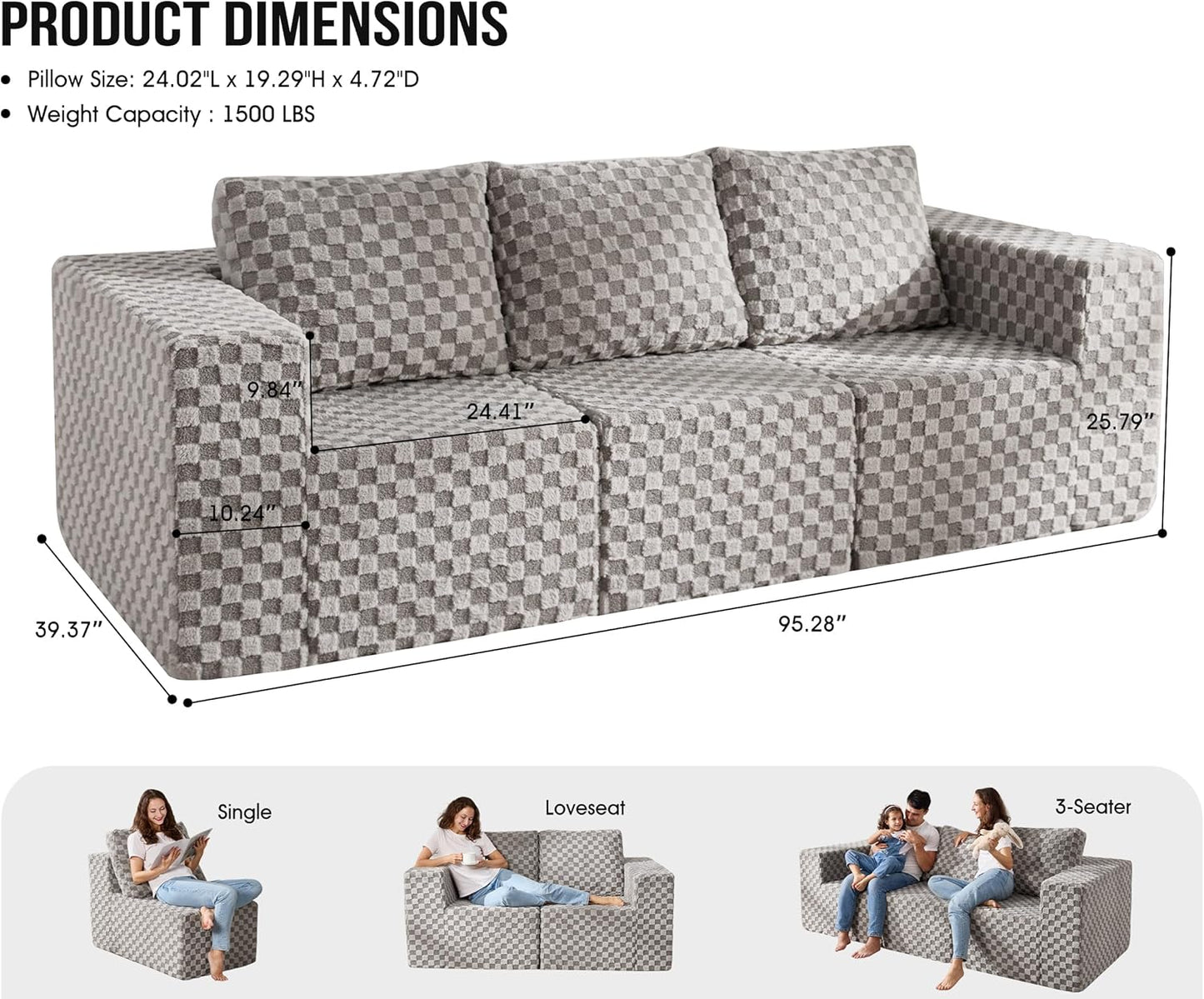 Modular Sectional Sofa 3-Seater Modular Couch with Deep Seat Memory Foam Cloud Chair with Pillows