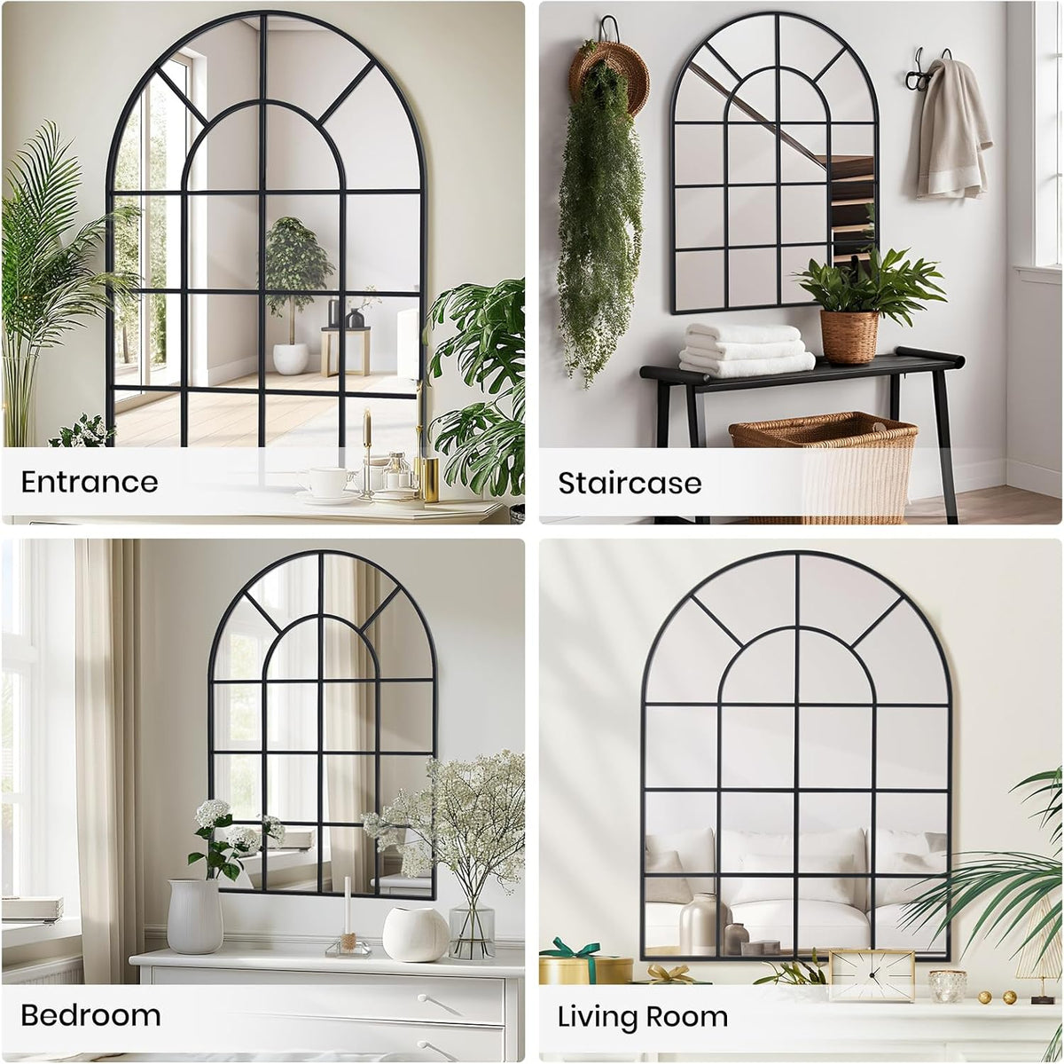 Arched Windowpane Wall Mirror 30"x48" Black Wall Mounted Art Pane Mirror Farmhouse Decorative
