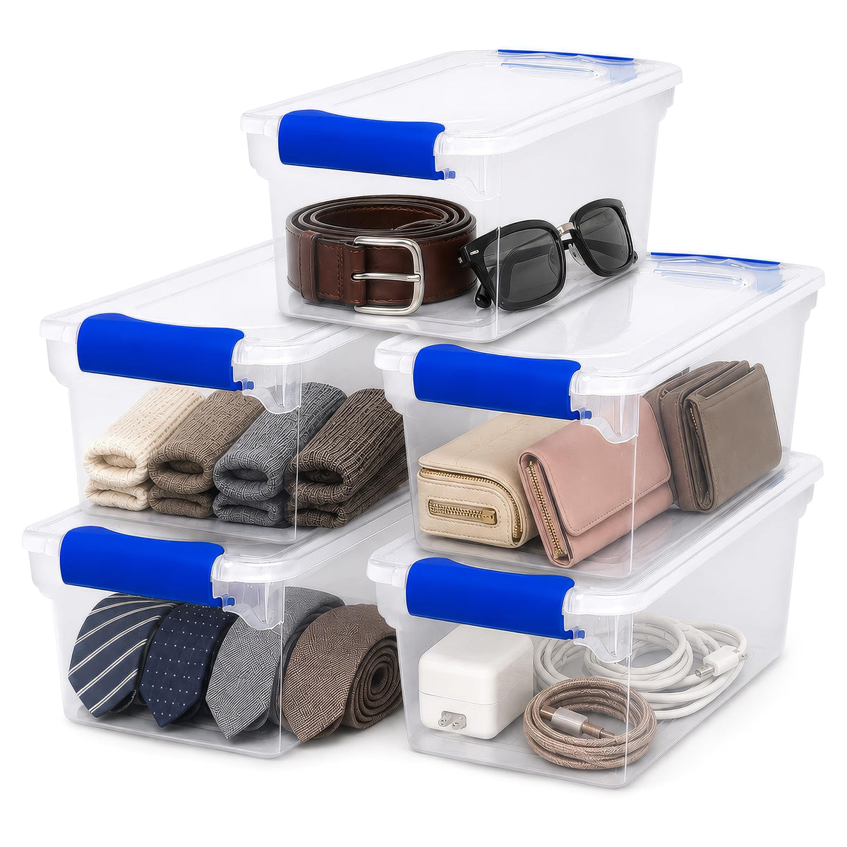 HOMZ Clear Plastic Storage Bins w/Latching Lid, 7.5 Qt, Blue, 5 Pack
